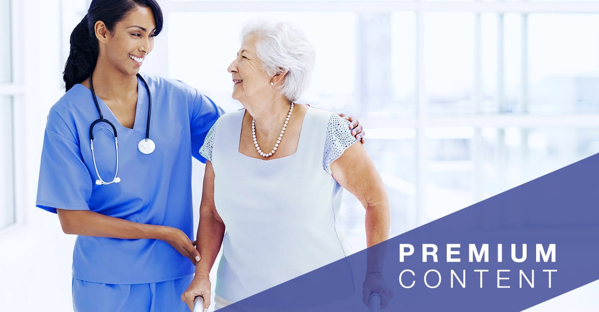 Nurse gladly walking with patient in a walker